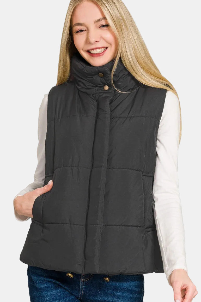 Zenana High Neck Zip-Up Puffer Vest in Black