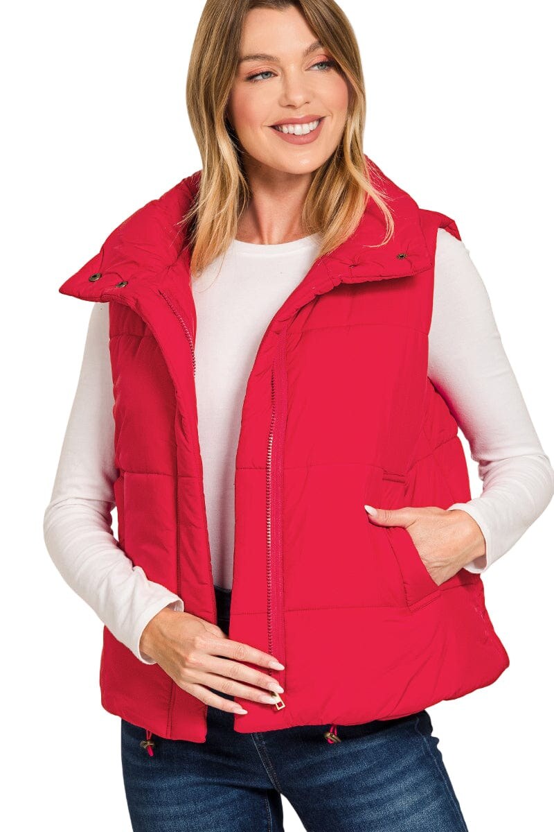 Zenana High Neck Zip-Up Puffer Vest in Red