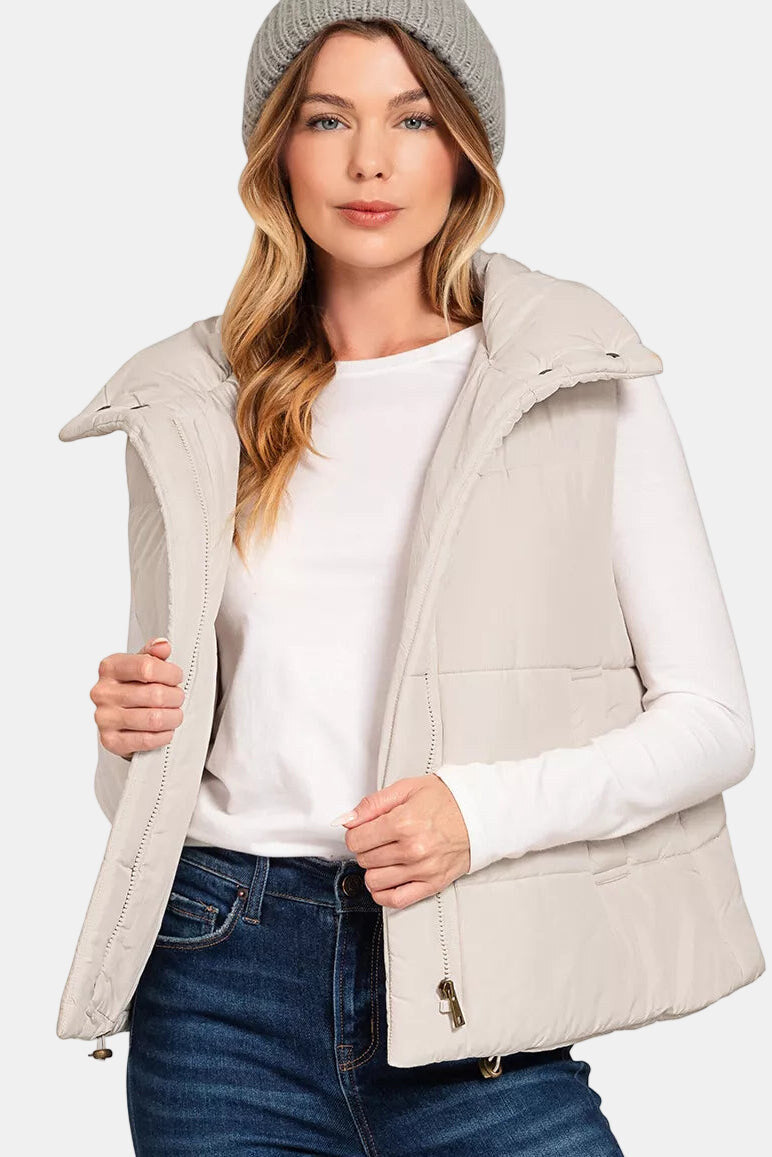 Zenana High Neck Zip-Up Puffer Vest in Sand Beige