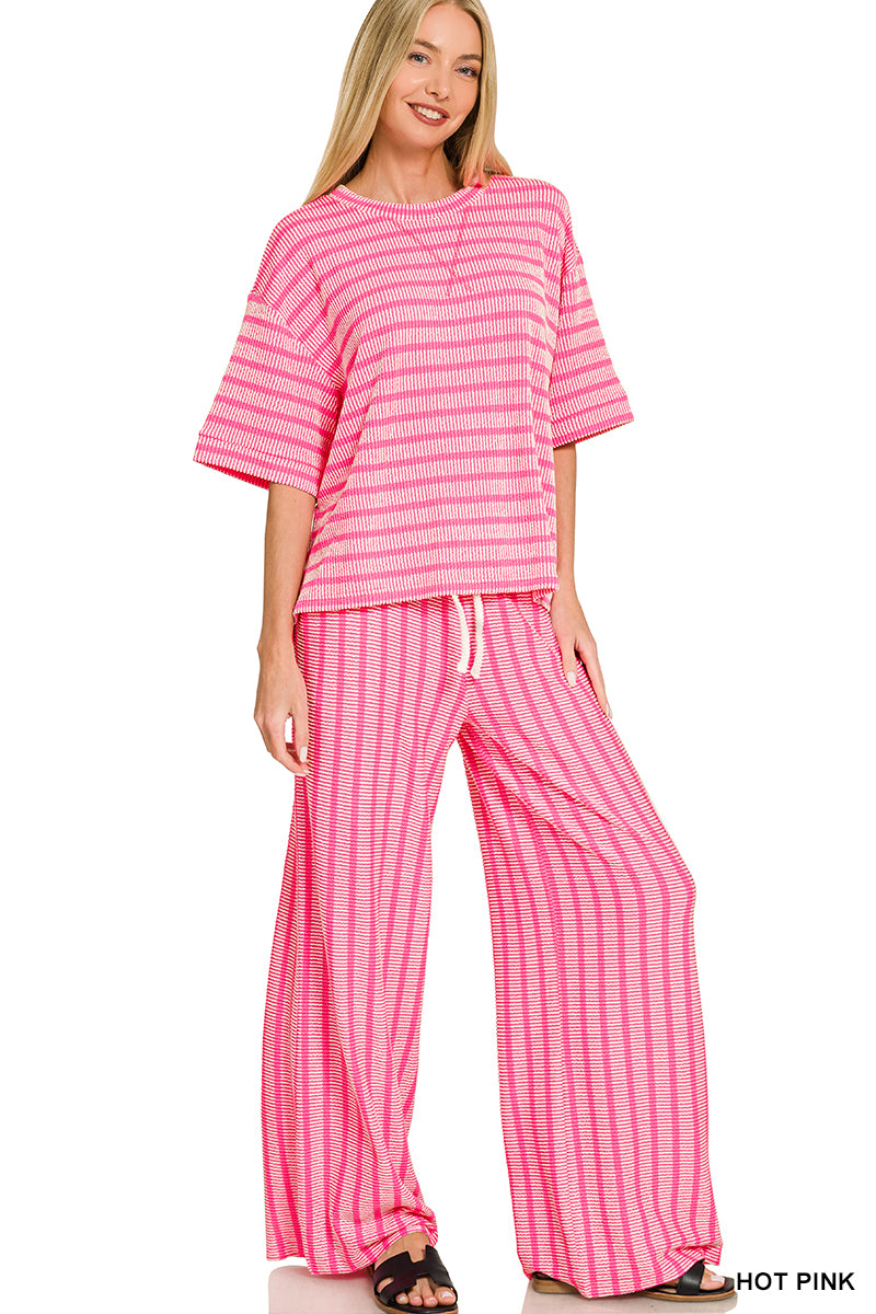Zenana raised rib striped short sleeve top and wide-leg drawstring pants set in hot pink