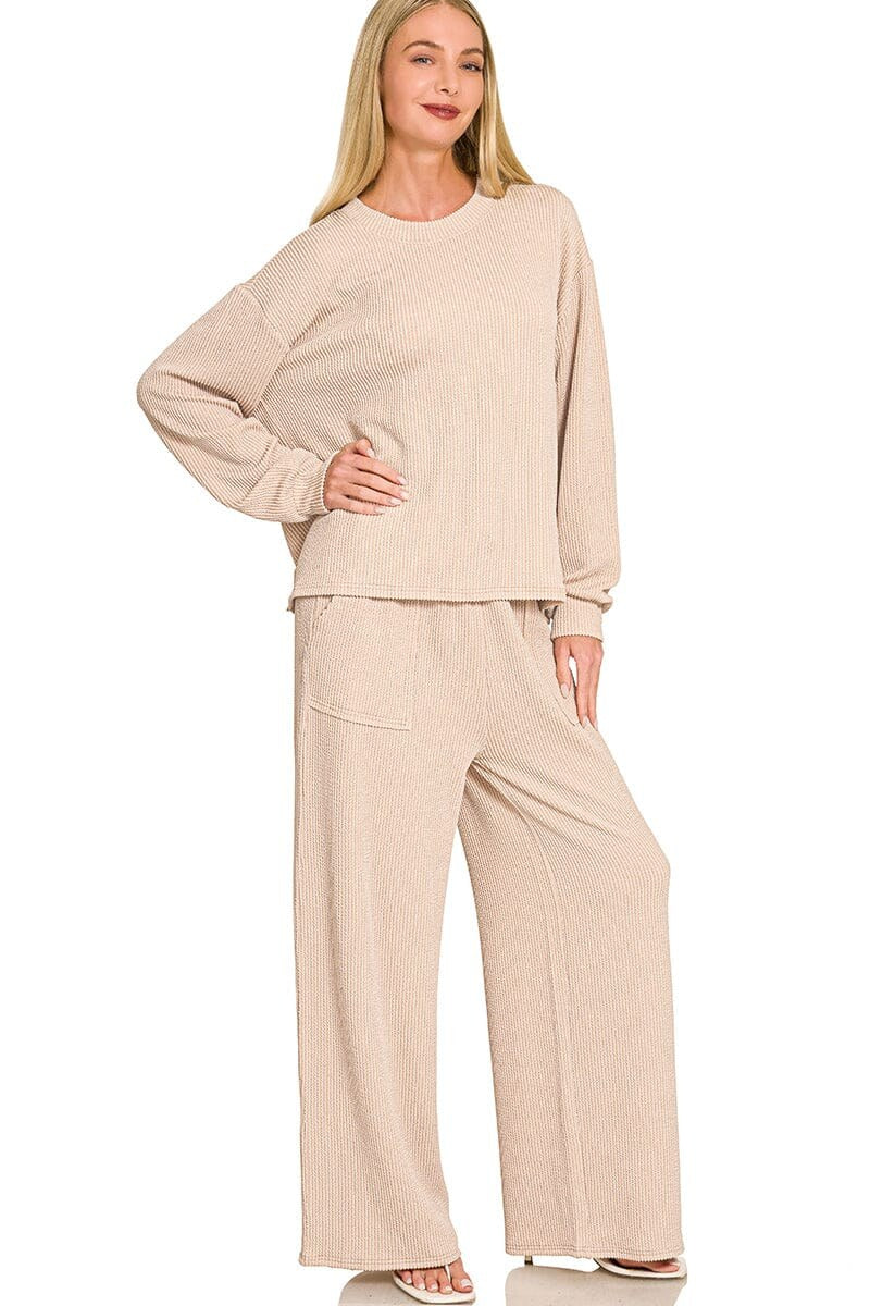 Zenana Raised Rib Long Sleeve Top & Wide-Leg Pants Set in Sand Beige