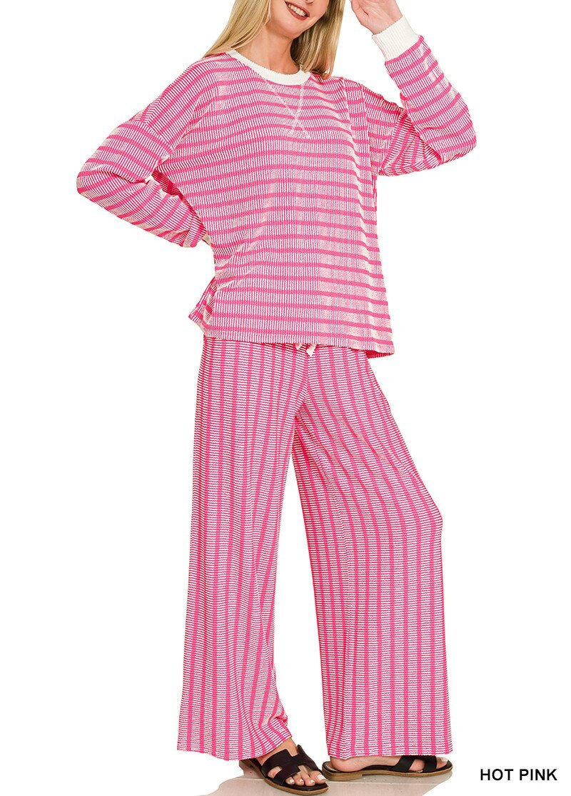 Zenana Raised Rib Striped Pullover & Pants Set in Hot Pink