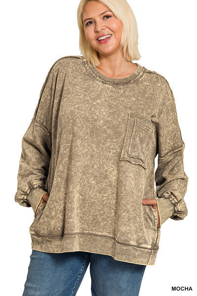 Zenana Plus Size Acid Wash French Terry Pullover with Front Pocket in Mocha