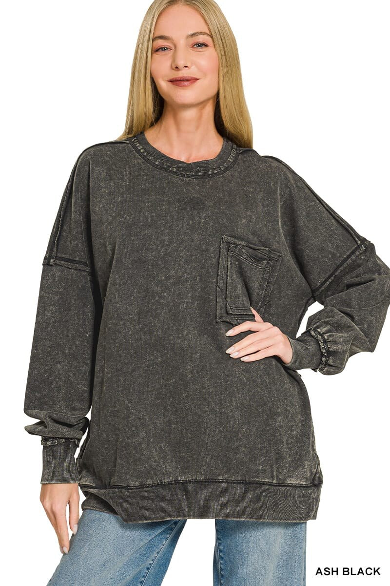 Zenana Acid Wash French Terry Pullover with Front Pocket in Ash Black