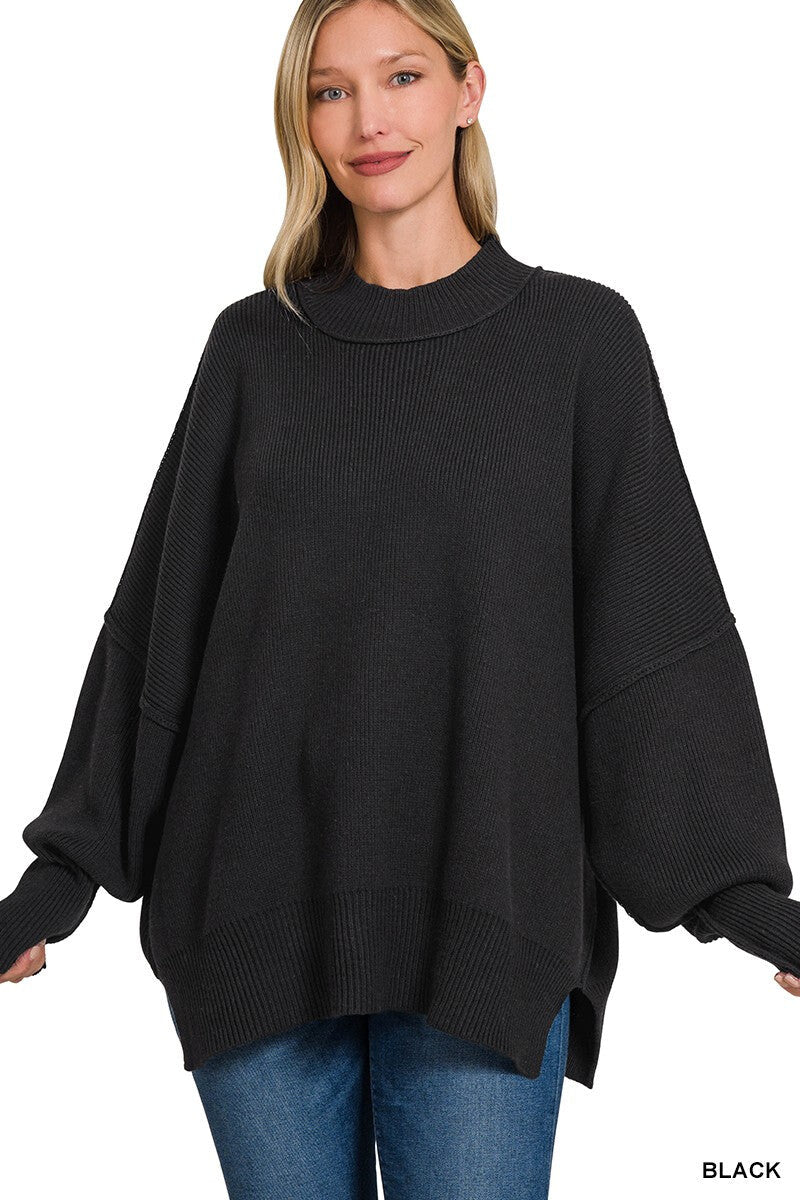 Zenana Side Slit Oversized Sweater in Black