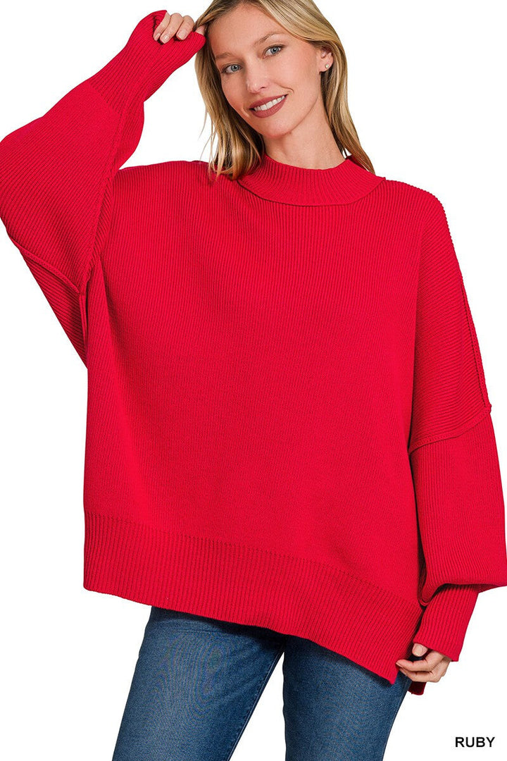 Zenana Side Slit Oversized Sweater in Ruby