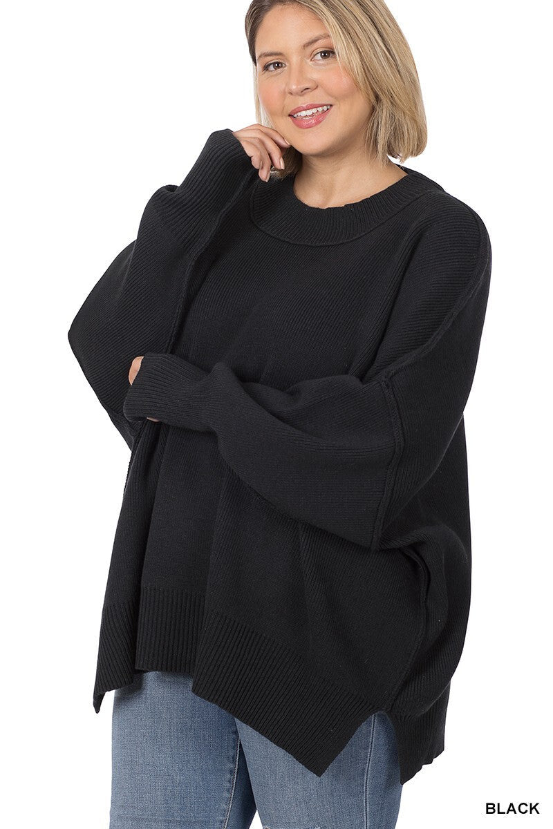 Zenana Plus Size Side Slit Oversized Sweater in Black