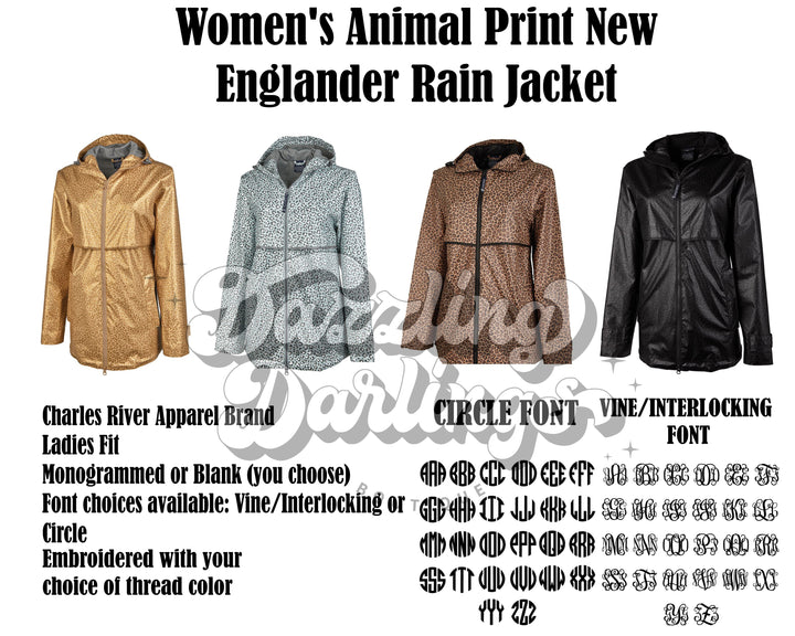 CHARLES RIVER APPAREL Women's Animal Print New Englander® Rain Jacket Free Monogramming with your initials (or choose to leave blank)